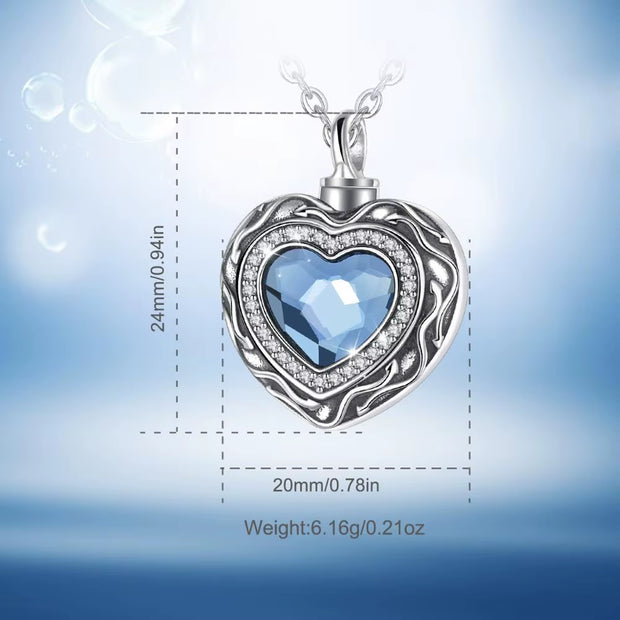 Sterling Silver Heart Locket Heart Cremation Memorial Ashes Urn Blue Crystal Birthstone Necklace Jewelry Keepsake CYG004