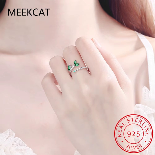 925 Sterling Silver Leaves Emerald Green Open Ring