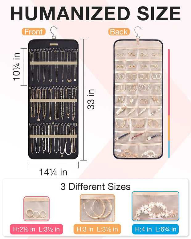 Hanging Jewelry Organizer Storage Roll with Hanger Metal Hooks Double-Sided 