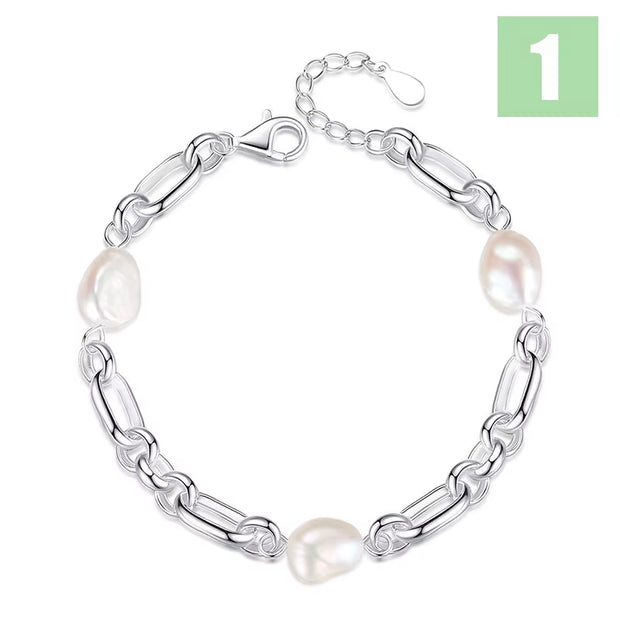 Luxury 925 Sterling Silver Sweet 8Mm Baroque Pearl Chain Bracelet 