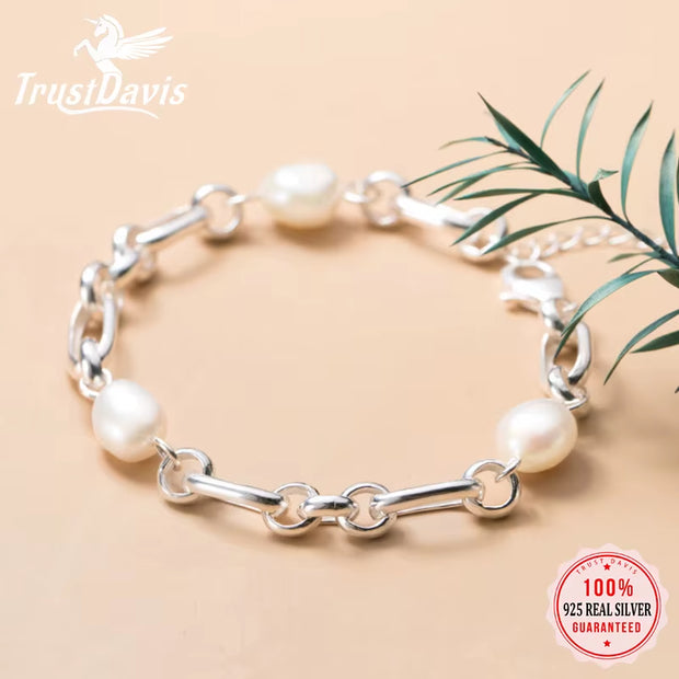 Luxury 925 Sterling Silver Sweet 8Mm Baroque Pearl Chain Bracelet 