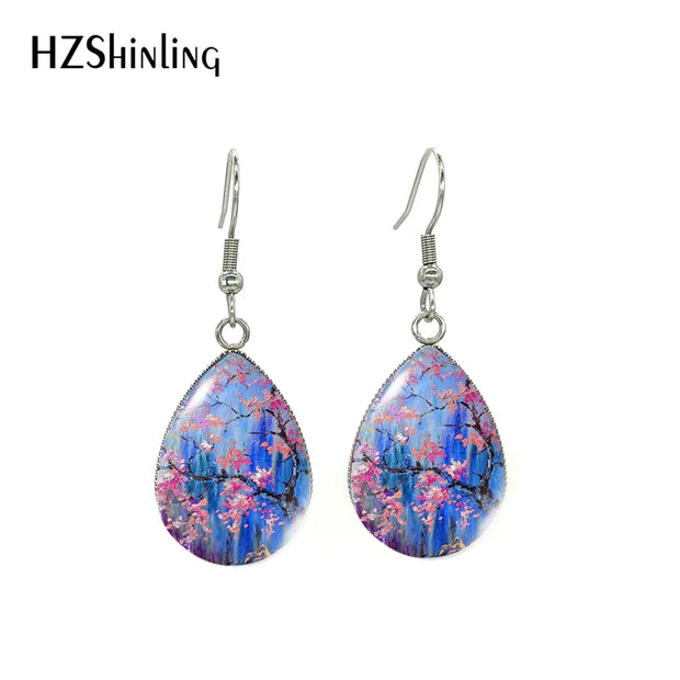 Cherry Blossom Tree Paintings Water Drop Dangle Hook Earrings Glass Cabochon 