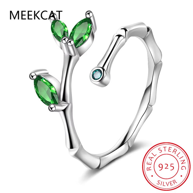 925 Sterling Silver Leaves Emerald Green Open Ring