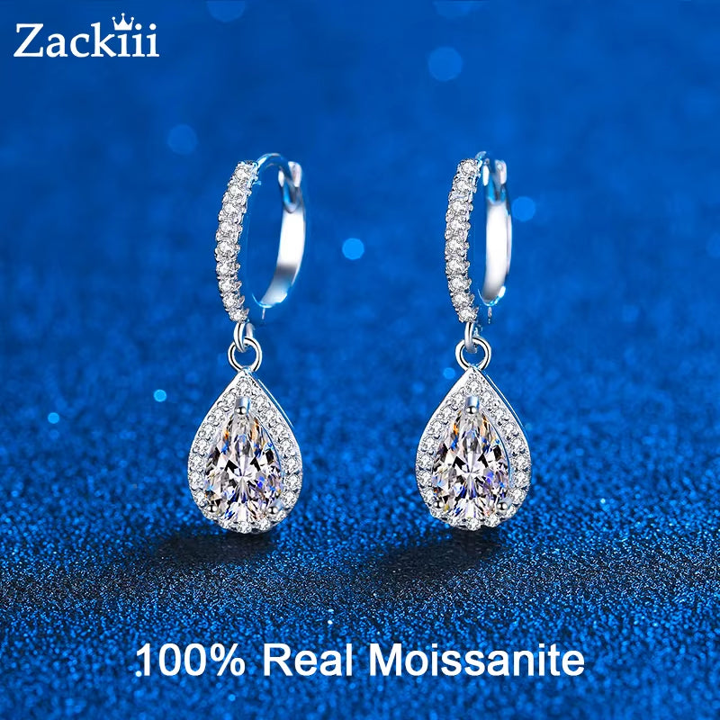 2Ct Fancy Cut Moissanite Hoop Earrings for Women VVS1 Pear Diamond Halo Drop Earrings Sterling Silver Bridal Wedding Jewelry