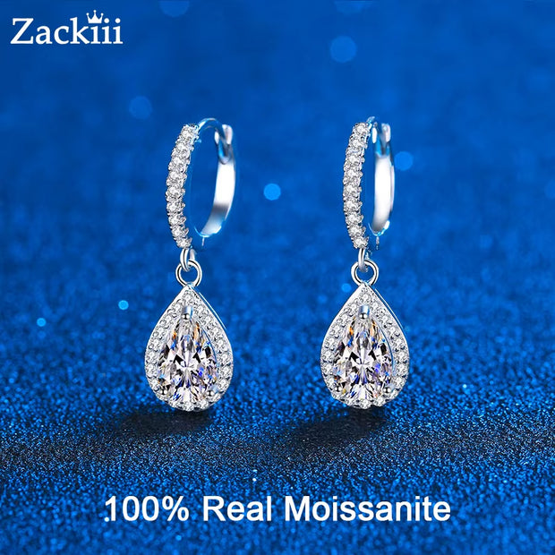 2Ct Fancy Cut Moissanite Hoop Earrings for Women VVS1 Pear Diamond Halo Drop Earrings Sterling Silver Bridal Wedding Jewelry