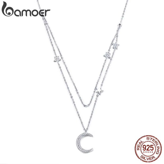 925 Sterling Silver Moon & Star Double Layers Chain Pendant Necklace