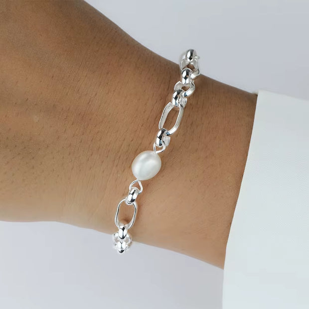 Luxury 925 Sterling Silver Sweet 8Mm Baroque Pearl Chain Bracelet 