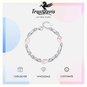 Luxury 925 Sterling Silver Sweet 8Mm Baroque Pearl Chain Bracelet 