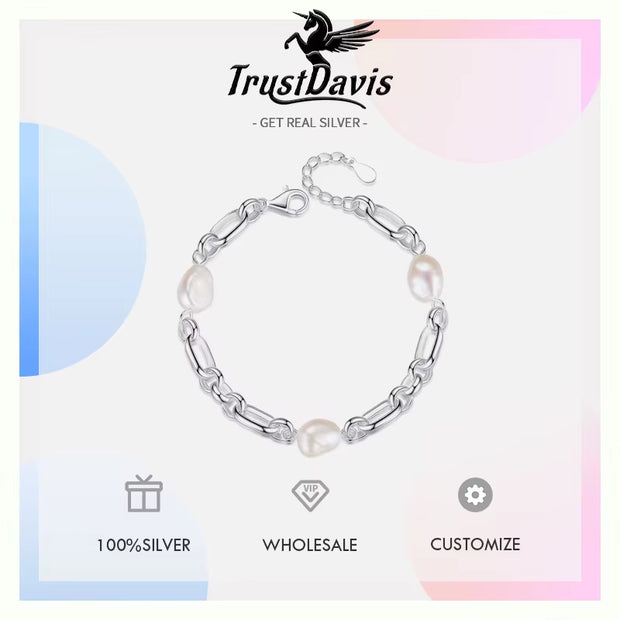 Luxury 925 Sterling Silver Sweet 8Mm Baroque Pearl Chain Bracelet 