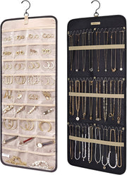 Hanging Jewelry Organizer Storage Roll with Hanger Metal Hooks Double-Sided 