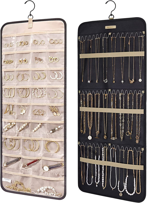 Hanging Jewelry Organizer Storage Roll with Hanger Metal Hooks Double-Sided 