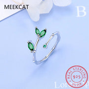 925 Sterling Silver Leaves Emerald Green Open Ring