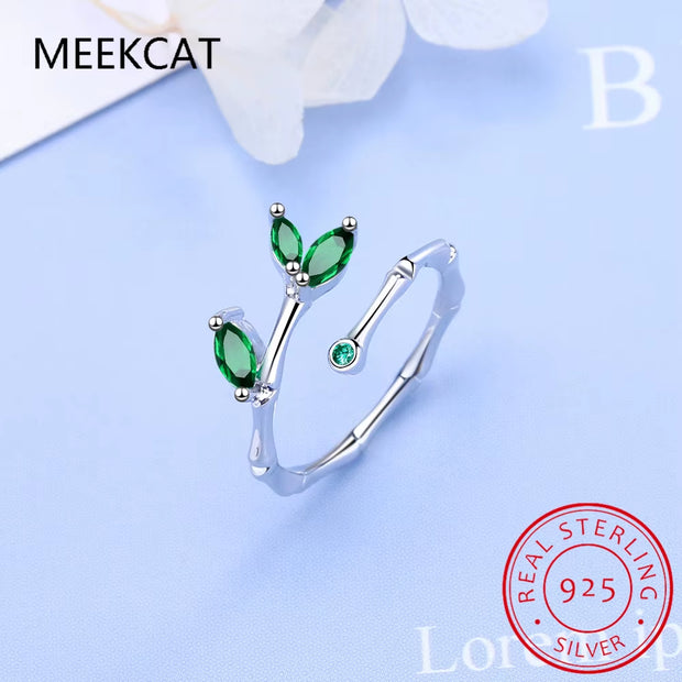 925 Sterling Silver Leaves Emerald Green Open Ring