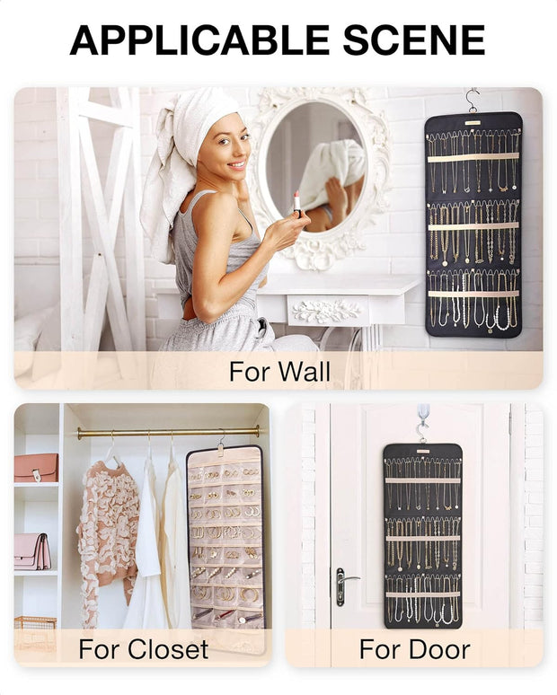 Hanging Jewelry Organizer Storage Roll with Hanger Metal Hooks Double-Sided 