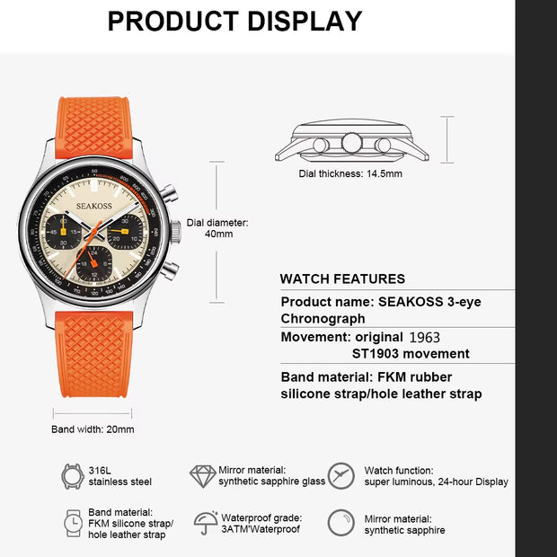 40Mm 1963 Chronograph Mechanical Watch for Men ST1903 Movement Super Luminous Sapphire Silicone Pilot Wristwatch