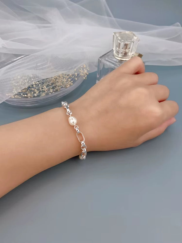 Luxury 925 Sterling Silver Sweet 8Mm Baroque Pearl Chain Bracelet 