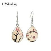 Cherry Blossom Tree Paintings Water Drop Dangle Hook Earrings Glass Cabochon 