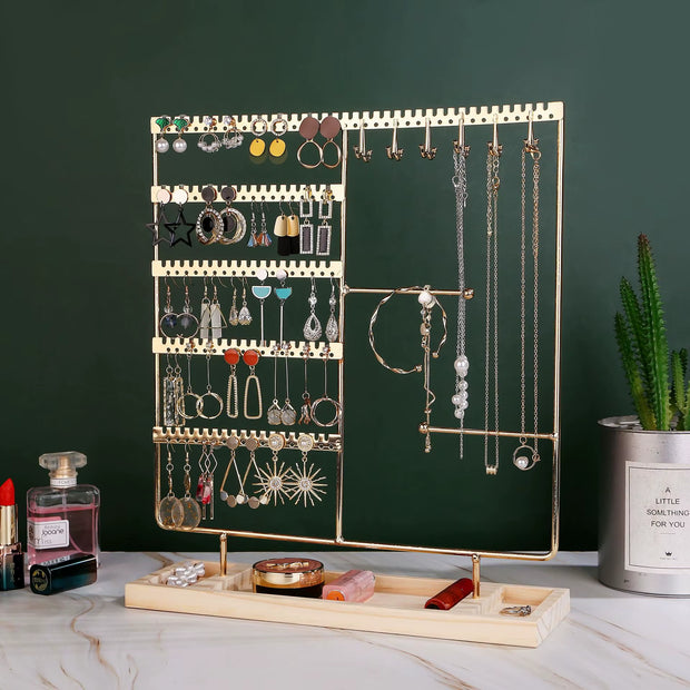Multifunctional Earring Necklace Ring Storage Rack Detachable Wooden Bottom 