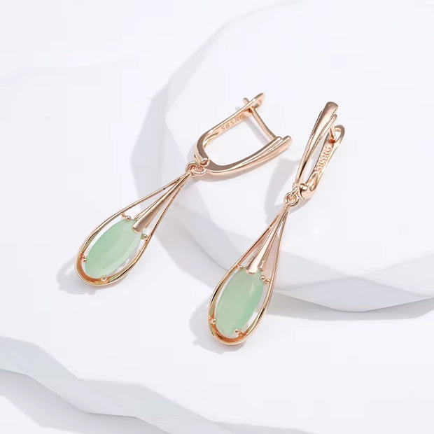 Emerald Long Drop Natural Zircon Dangle Earrings 585 Rose Gold Color 