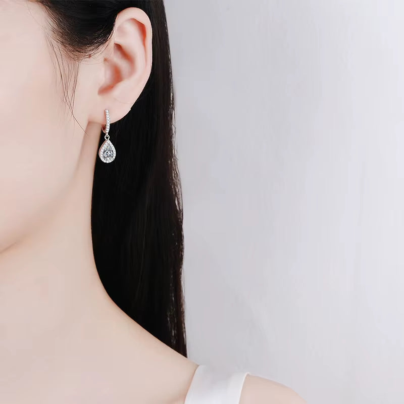 2Ct Fancy Cut Moissanite Hoop Earrings for Women VVS1 Pear Diamond Halo Drop Earrings Sterling Silver Bridal Wedding Jewelry