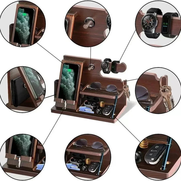 Multifunctional Wooden Storage Racks Watches Jewelry Glasses Phone Holder Keys 