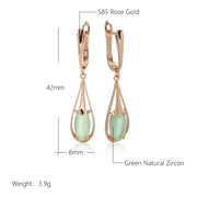Emerald Long Drop Natural Zircon Dangle Earrings 585 Rose Gold Color 