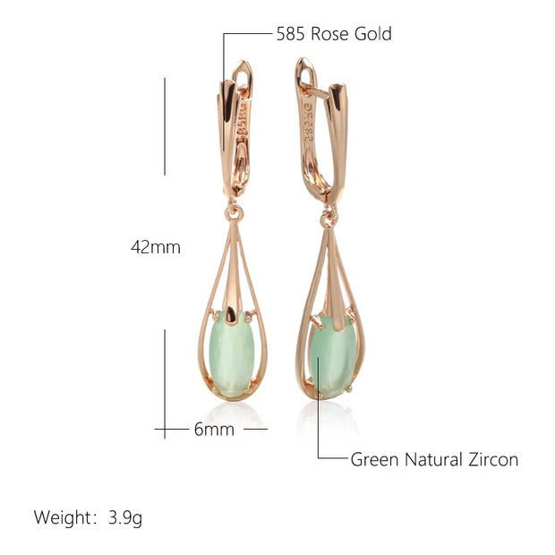 Emerald Long Drop Natural Zircon Dangle Earrings 585 Rose Gold Color 