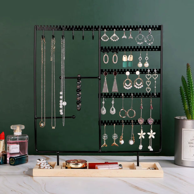 Multifunctional Earring Necklace Ring Storage Rack Detachable Wooden Bottom 