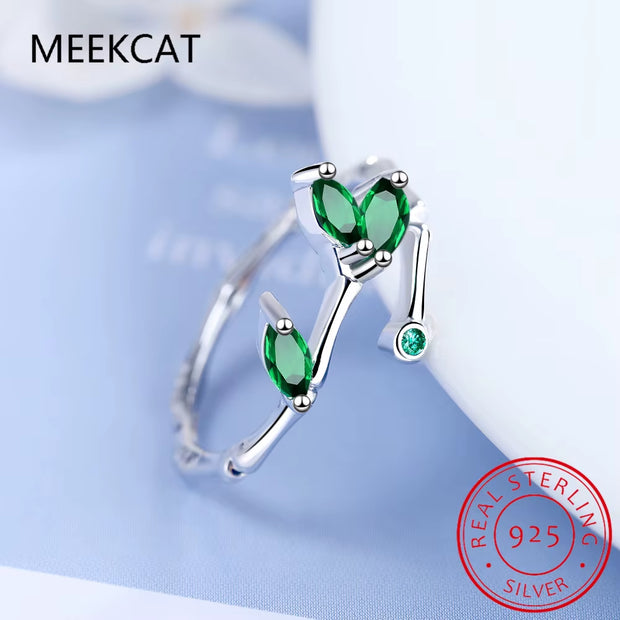 925 Sterling Silver Leaves Emerald Green Open Ring