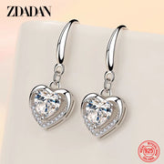 925 Sterling Silver Heart Shaped Zircon Dangle Earrings 
