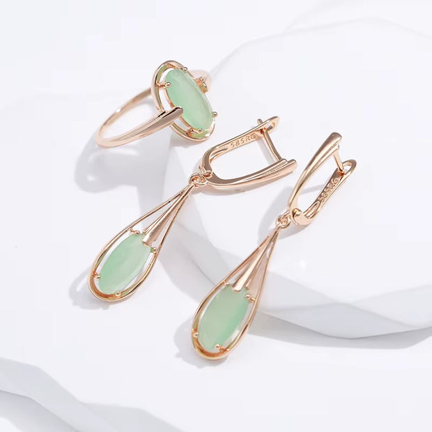 Emerald Long Drop Natural Zircon Dangle Earrings 585 Rose Gold Color 
