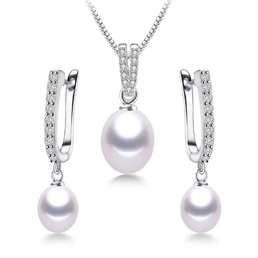 Horseshoe 8-9Mm Rice Freshwater Pearl Earrings&Necklaces Jewelry Set for Women 925 Sterling Silver 45Cm Pendant Necklace