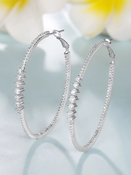 925 Sterling Silver Shining Zircon 55Mm Long Dangle Hoop Statement